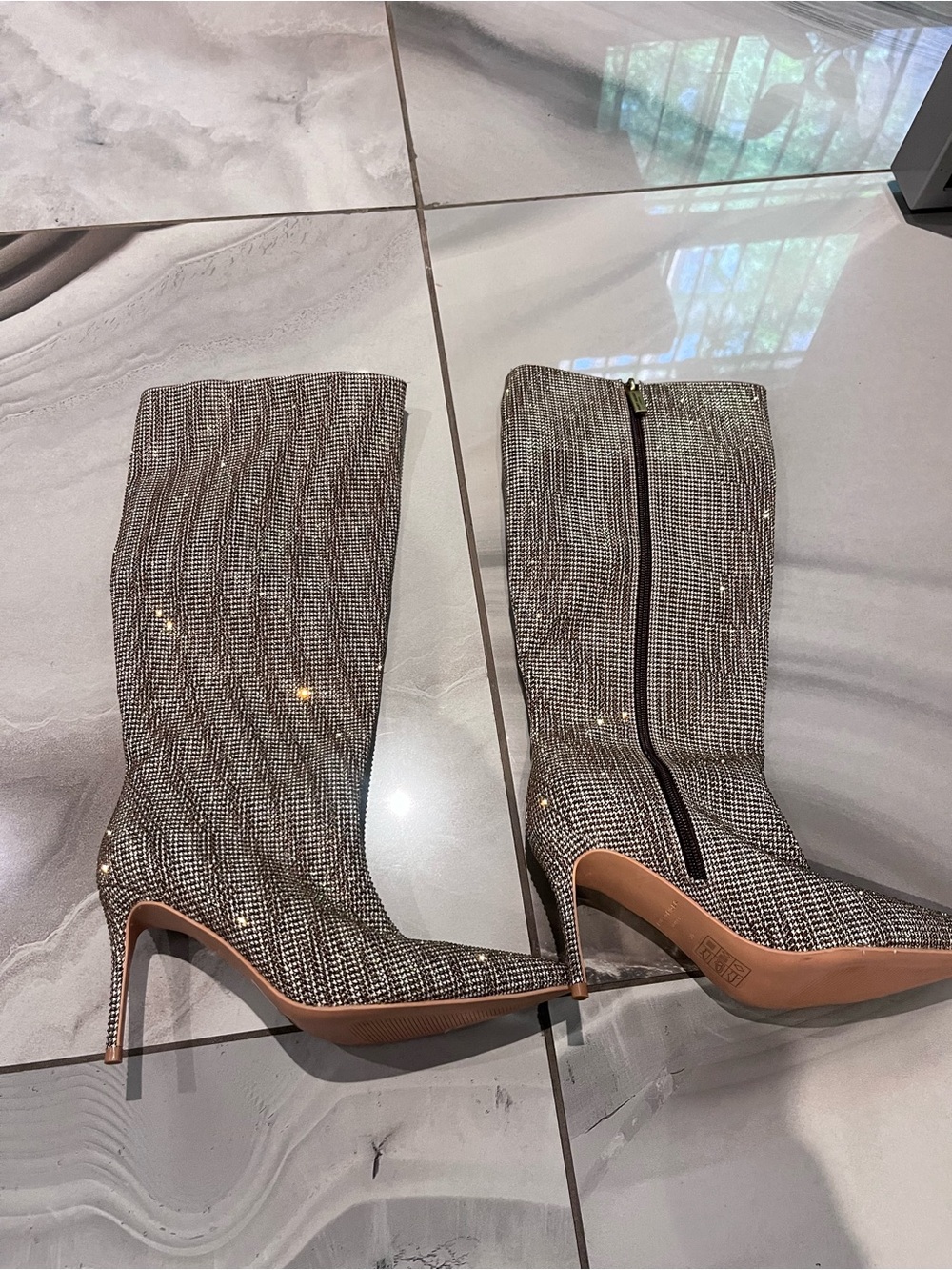 Kurt Geiger Silver Rhinestone Mid-Calf Stiletto Boots